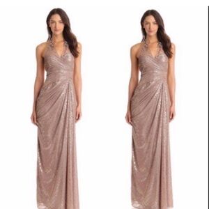Adrianna Papell metallic halter embellished long dress